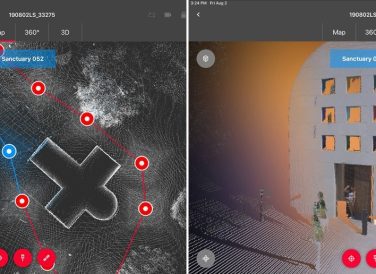 Lidar design scan map of UT Austin Art Museum (left) and Sanctuary 052 of UT Austin Art Museum (right)